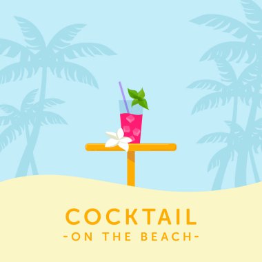  Çilekli kokteyl ve palm siluet arka plan üzerinde bar masa