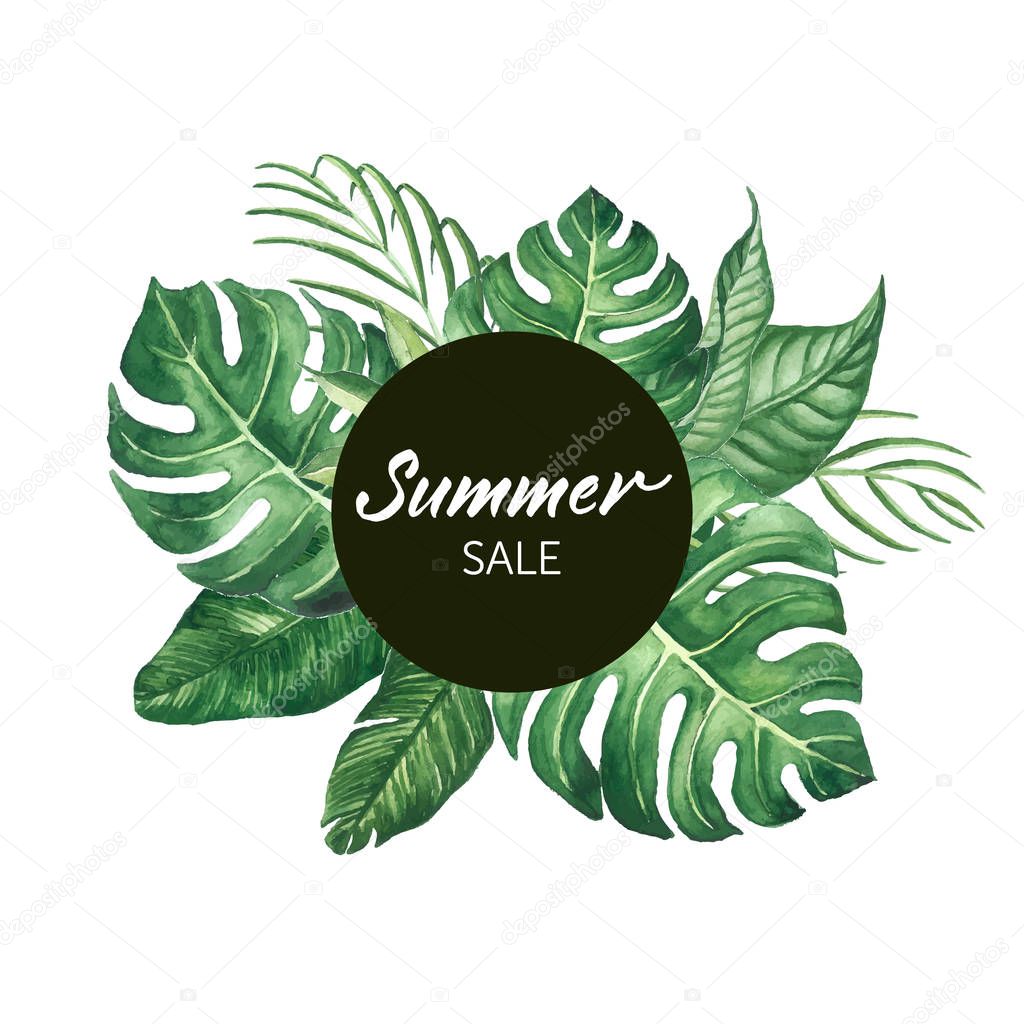 Watercolor tropical leaves frame with SUMMER SALE words modern l