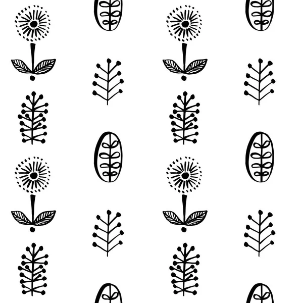 Hojas simples y flores en estilo escandinavo patrón sin costuras — Archivo Imágenes Vectoriales