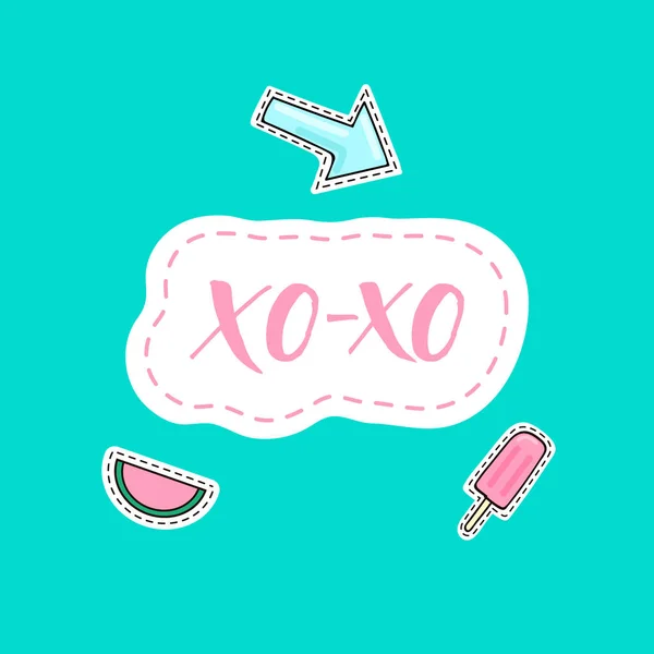 Letras xo-xo con flecha, sandía y pegatinas de helado — Vector de stock