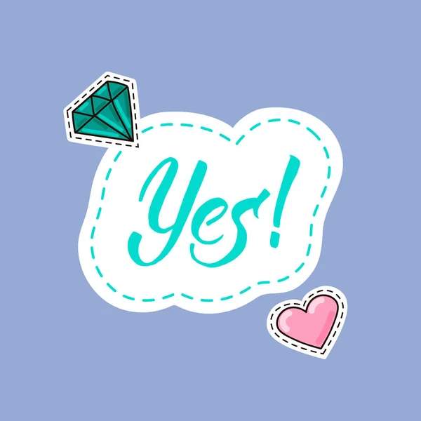Belettering Ja! met hart en diamant stickers — Stockvector