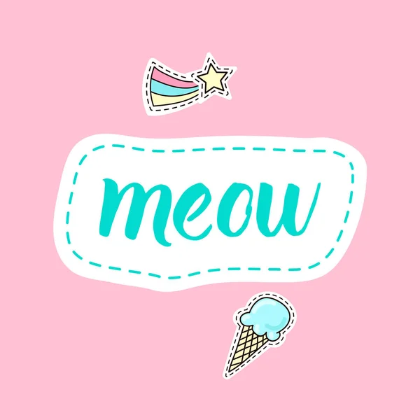 Meow lettering com estrela e adesivos de sorvete — Vetor de Stock