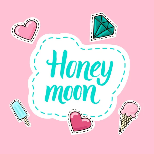 Letras Luna de miel con corazones, diamantes y pegatinas de helados — Vector de stock