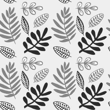 Elle çizilmiş sonbahar yaprakları Dikişsiz desen gri renklerde V.1