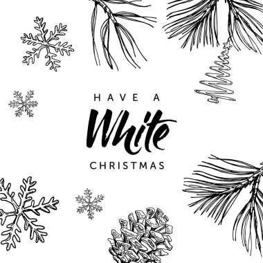 Beyaz bir Noel var! Yazılı yazı el ve el çekilmiş Noel doodle