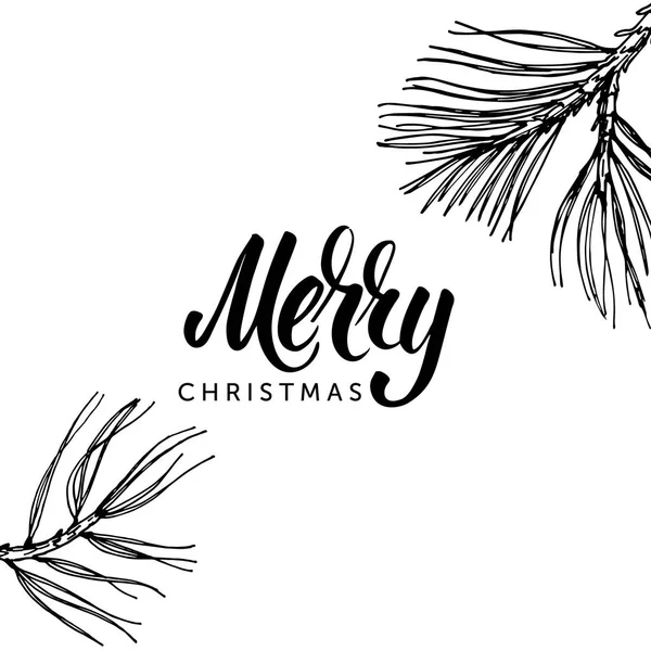 Feliz Navidad letras y dibujado a mano rama de pino garabato . — Archivo Imágenes Vectoriales
