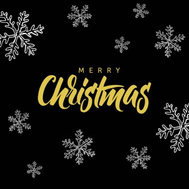 Mutlu Noeller! El yazı ve Noel doodle siyah arka plan üzerine yazılı.