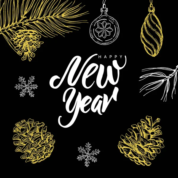 ¡Feliz Año Nuevo! Letras escritas a mano y garabatos navideños sobre fondo negro . — Vector de stock