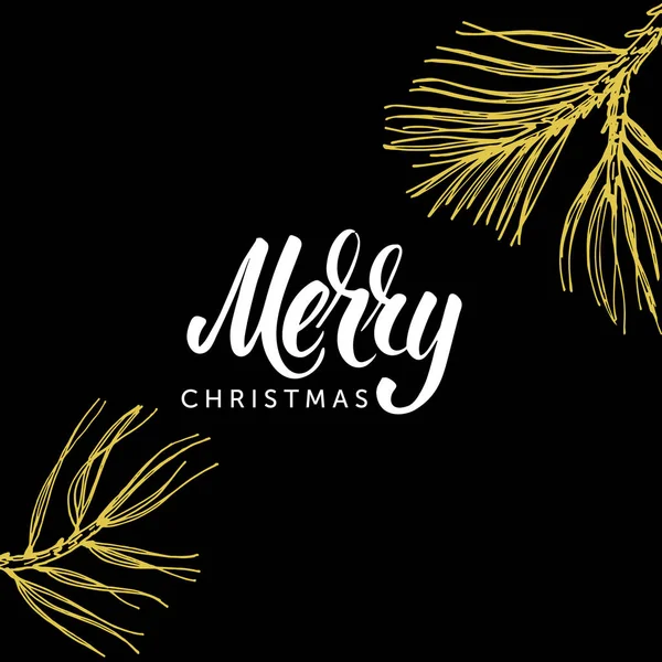 Feliz Navidad letras y dibujado a mano rama de pino garabato sobre fondo negro . — Archivo Imágenes Vectoriales