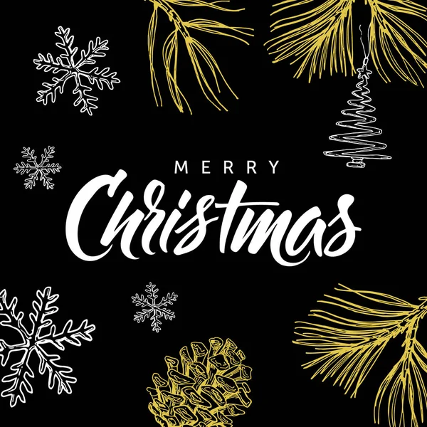 Feliz Navidad moderna caligrafía letras y garabatos sobre fondo negro . — Archivo Imágenes Vectoriales