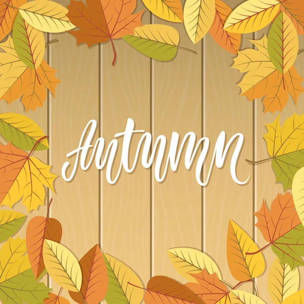 Herfst belettering op houten achtergrond en vallende bladeren. — Stockfoto