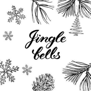 Jingle Bells! Elle çizilmiş grafik öğeleri ve yazı.