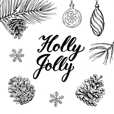 Holly Jolly! Elle çizilmiş grafik öğeleri ve yazı.