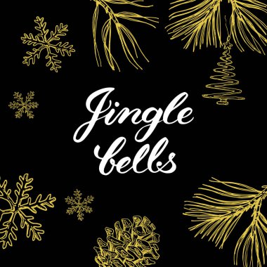 Jingle Bells! Çizilmiş grafik öğeleri el ve altın/siyah renklerde yazı