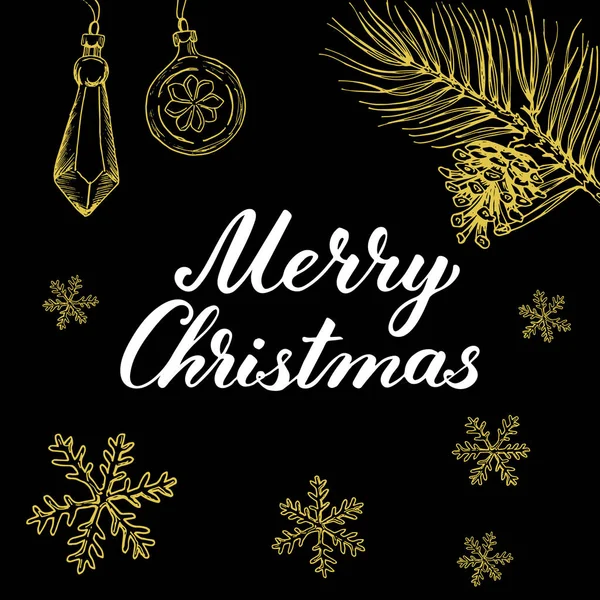 ¡Feliz Navidad! Elementos gráficos dibujados a mano y letras en colores dorado / negro — Archivo Imágenes Vectoriales