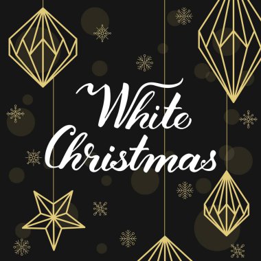 Noel kartı tasarım yazı ile ve geometrik süslemeler. Beyaz Noel!