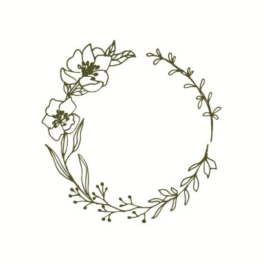 Floral monogram wreath with line art flowers and leaves. clipart