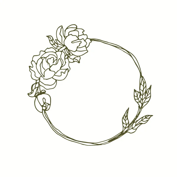 Peonía Flores Monograma Corona Mano Dibujado Línea Arte — Archivo Imágenes Vectoriales