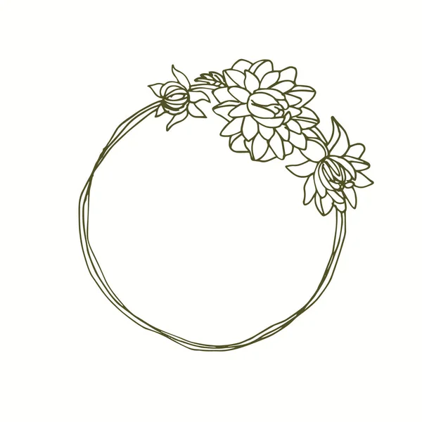 Dahlia Bloemen Schildersmonogram Krans Hand Getrokken Lijntekeningen — Stockvector