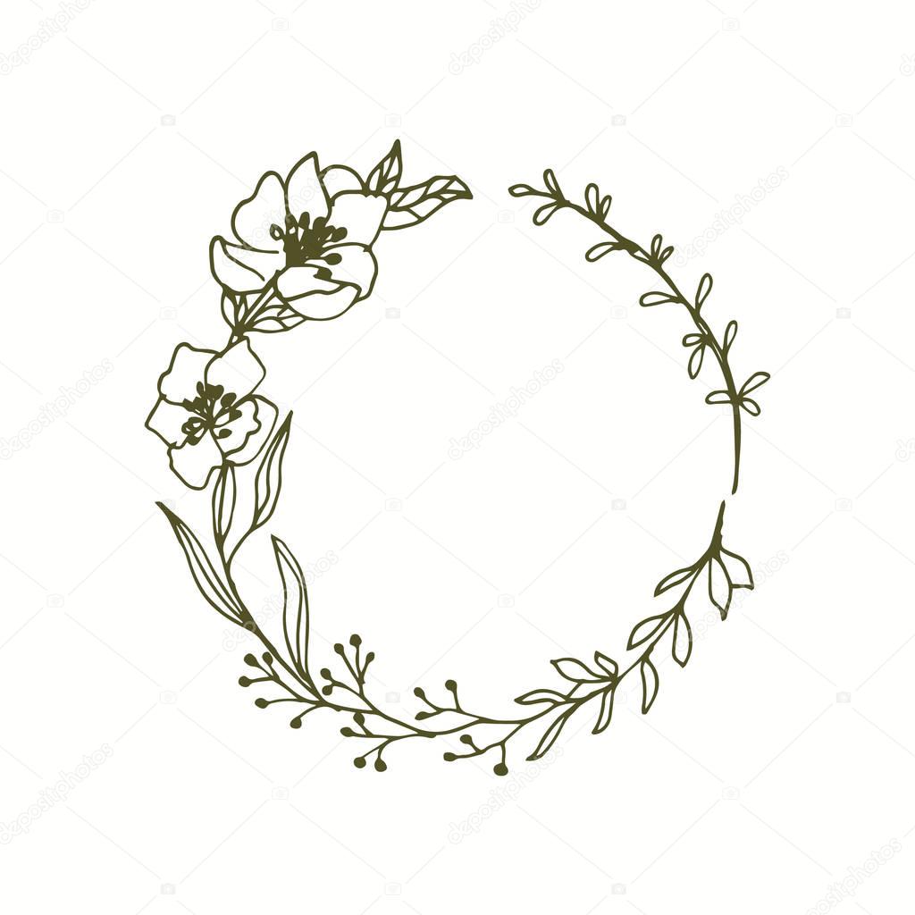 Floral Monogram Wreath Line Art Flowers Leaves — Stock Vector © Julija