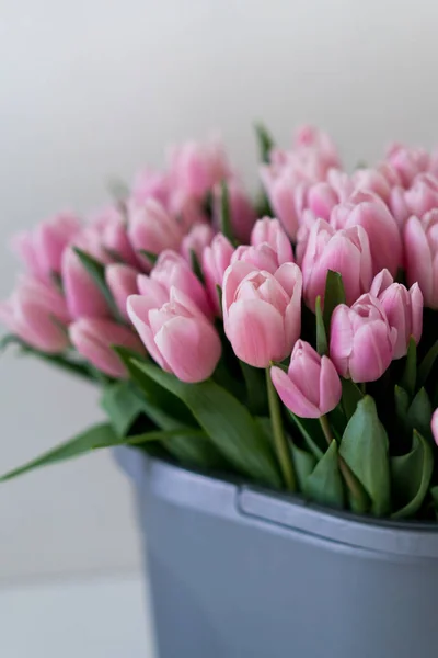 Korb Des Ersten Frühlings Weiche Rosa Tulpen Auf Weißem Hintergrund — Stockfoto