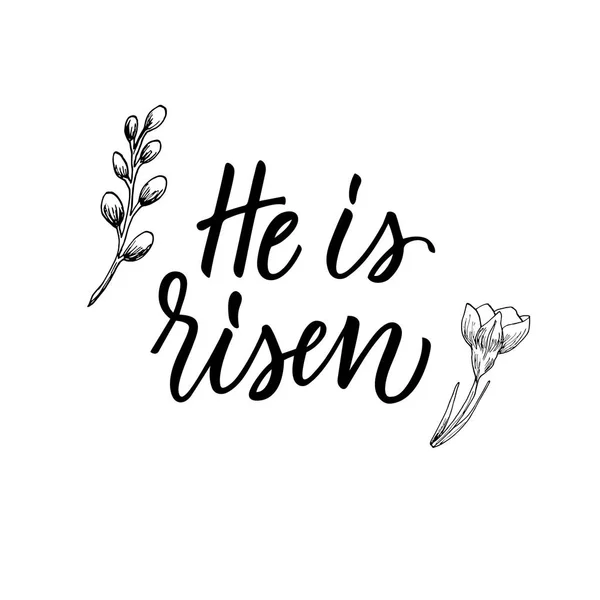 He is risen! Christian easter poster design with simple drawing and calligraphy.