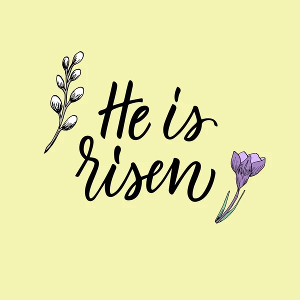 He is risen! Christian easter design with simple branches/flowers and calligraphy.