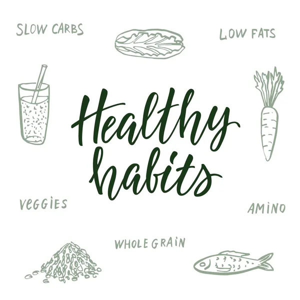 Healthy Habits Calligraphic Quote Food Drawings Background — Stock Vector