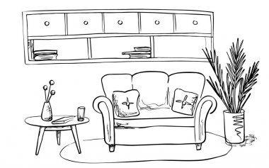 Oturma odası iç kroki: koltuk, yastık, küçük masa, bitki bir pot ve bir kitap raf