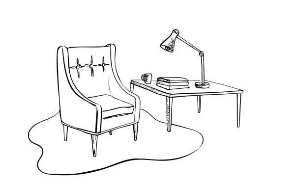 Уютный Эскиз Интерьера Кресло Столик Лампой — стоковый вектор
