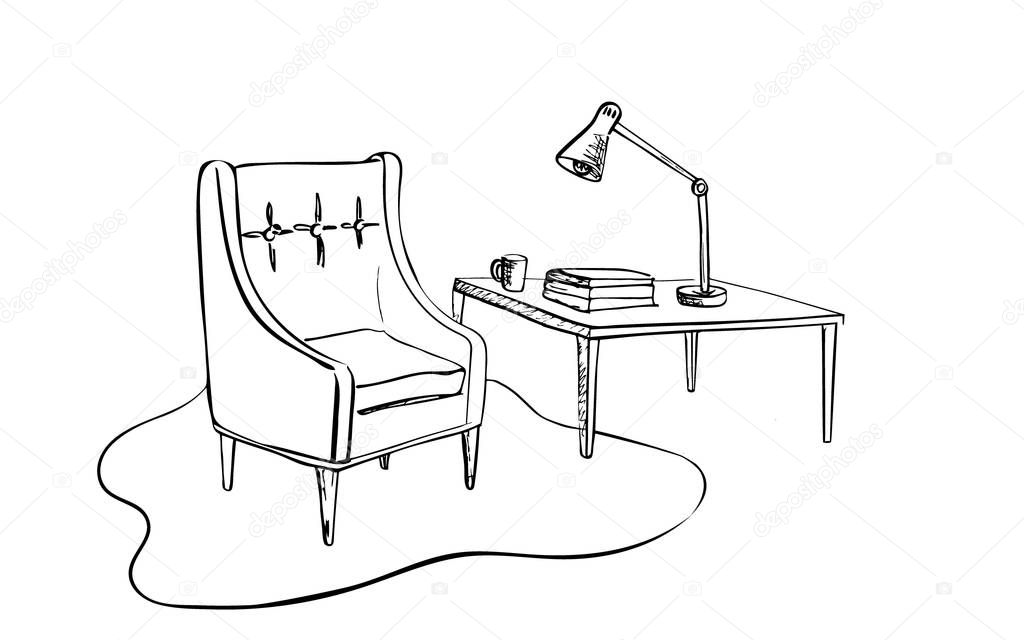Cozy interior sketch:  armchair and small table with a lamp. 