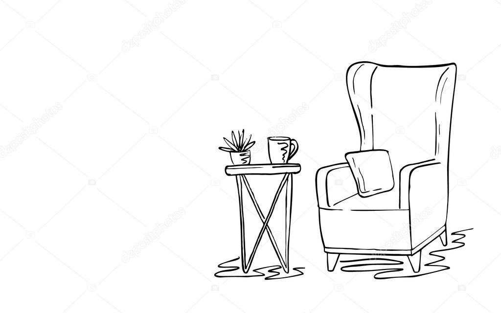 Living room interior sketch:  cozy armchair, pillow, small table, plant in a pot and a cup of coffee.