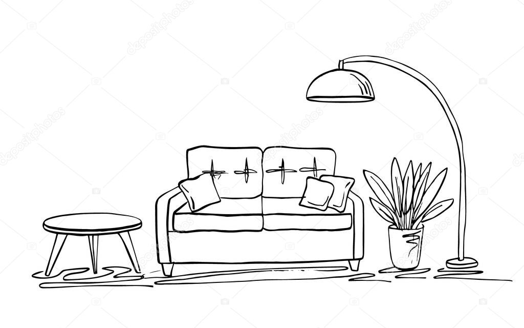 Cozy living room interior sketch: sofa, pillows, small table, plant in a pot and a lamp over the sofa.