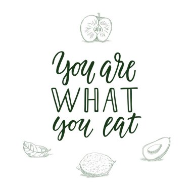 Ne yemek olduğunu! Kaligrafi teklif ve veggi/meyve arka plan üzerinde.