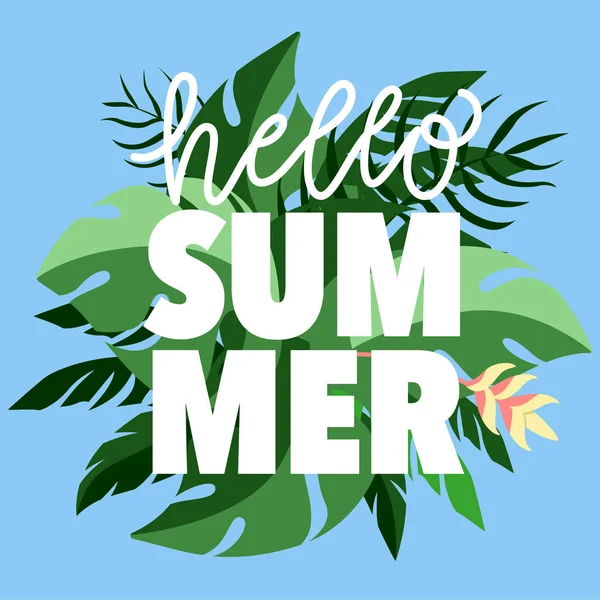 Hello Summer Moderne Kalligrafie Vet Met Jungle Bladeren Achtergrond — Stockvector