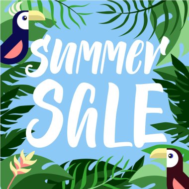 Yaz Satılık modern hat üzerinde bir orman arka plan papağan çift ile bırakır..