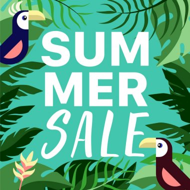 Yaz satış banner şablon bir orman üzerinde arka plan papağan çift ile bırakır..