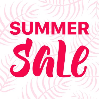 Yaz satışı büyük başlığı. Modern hat ve palmiye yaprakları.