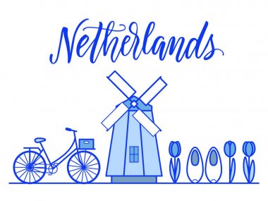 Delfts Hollanda sembolleri ile Hollanda illüstrasyon mavi renk.