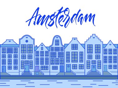 Amsterdam şehir resimde tipik Hollanda evleri Delfts mavi renk ile.