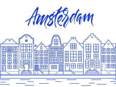 Amsterdam şehir hat sanat çizimde Delfts mavi renk.