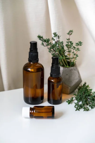 Aromatherapy Photo Essential Oils Glass Bottles Fresh Thyme Herb White — Stock Photo, Image