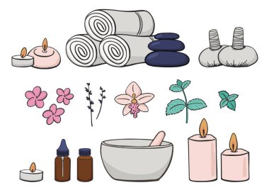 Aromaterapi ve Spa vektör çizimleri ayarlandı.