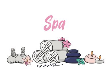 Havlular, taşlar, aroma mumları ve çiçeklerle spa tedavi vektörü çizimi.