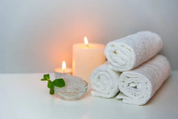 White Spa Towels On A White Background Stock Photo, Picture and Royalty  Free Image. Image 22408544.