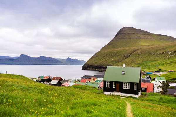 Faroese village Gjogv with colorful houses, mountain covered with green grass and fjord on horizon.
