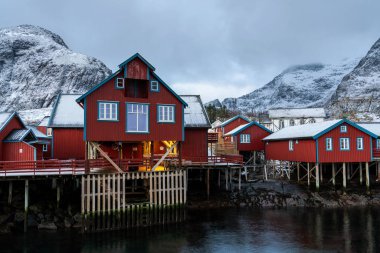 Ufukta karlı dağlar olan Lofoten Köyü A 'nın kırmızı rorbu evi..