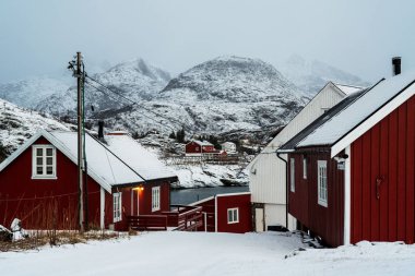 Kuzey Norveç 'in geleneksel kırmızı evleri kışın. Arka planda karlı dağlar.