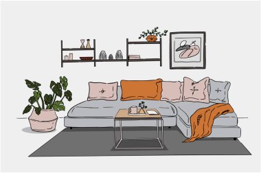 Oturma odasının modern iç tasviri kanepe, saksıda ev bitkileri ve kahve masası.. 