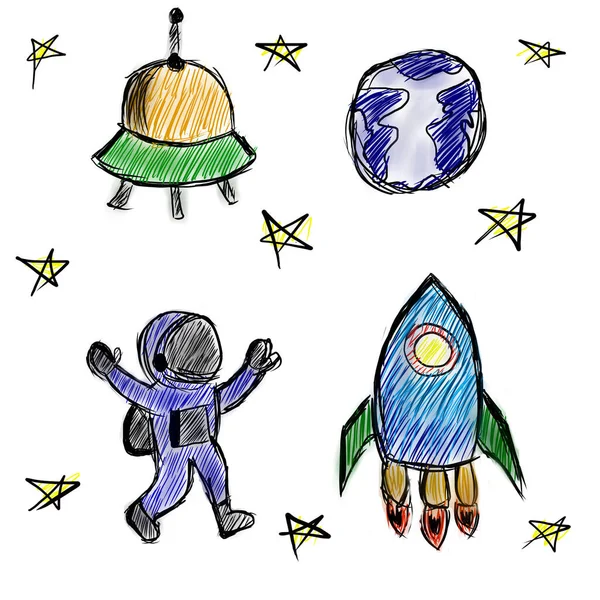 Sketches of space objects: stars, rocket, planet, UFO, astronaut in freehand drawing style on teh white backround